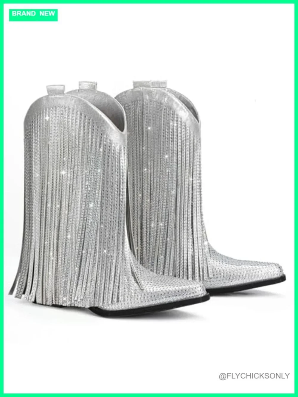 Mid Calf Cowboy Boots with Fringe and Rhinestones, Pointed Toe Chunky Heel,